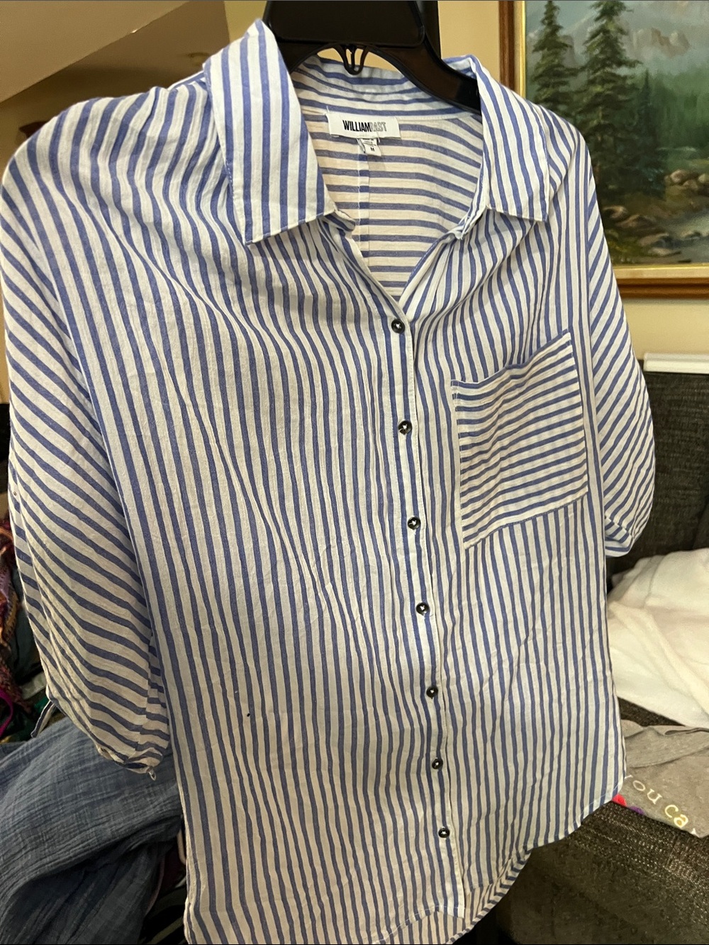 William Rast Blue and White Striped Relaxed Button-Down Shirt 2064